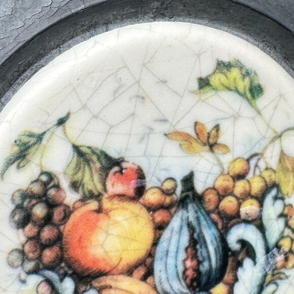 Vintage Pewter Coasters Ceramic Fruit Design Inserts Wall Decor Set of 6 READ - Picture 10 of 13